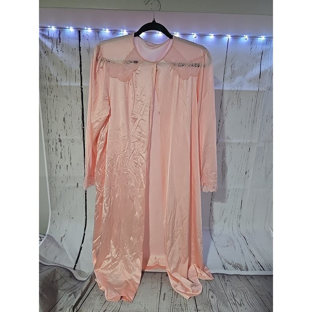 Vtg Vanity Fair M Robe Peignoir Duster Pink Embroidered Lace Nylon Medium